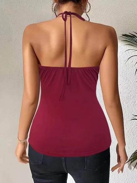 Kadın Askılı Kuş Gözü Ve Dekolte Detay Boyundan Bağlamalı Viskon Bluz - Resim 3