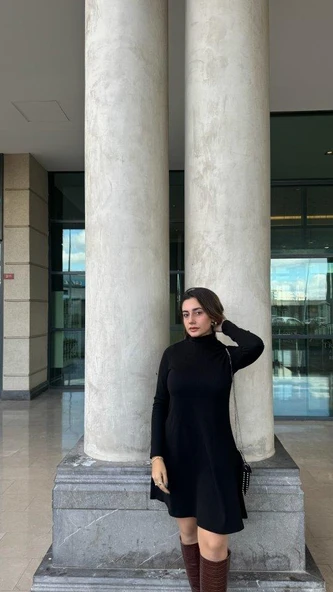 Kadın Uzun Kollu Balıkçı Yaka Salaş Kusa Akrilik Elbise - Resim 6