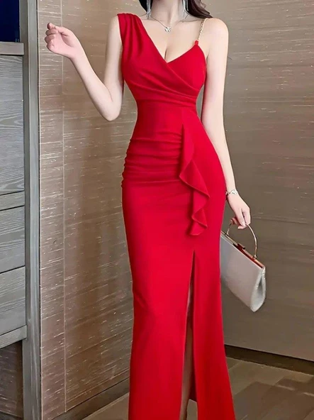 Kadın Ip Zincir Askılı Kruvaze Yakalı önden Fırfırlı Yırtmaçlı Janjan Krep Elbise ürün görseli