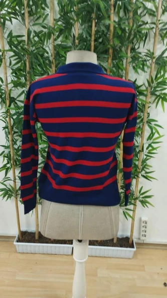 Kadın Uzun Kollu V Yaka çizgili Triko Bluz - Resim 5