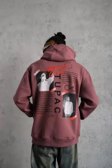 Erkek Ön Arka Baskılı Kapşonlu Sweat - Gül Kurusu - Resim 4