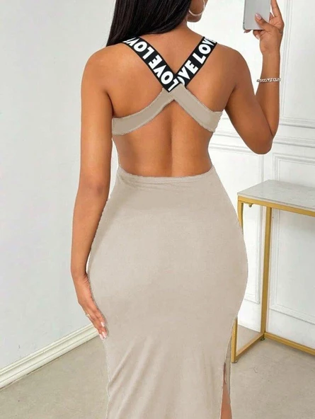 Kadın Yuvarlak Yaka Sırttan çapraz şerit Love Detaylı Yırtmaçlı Viskon Elbise ürün görseli