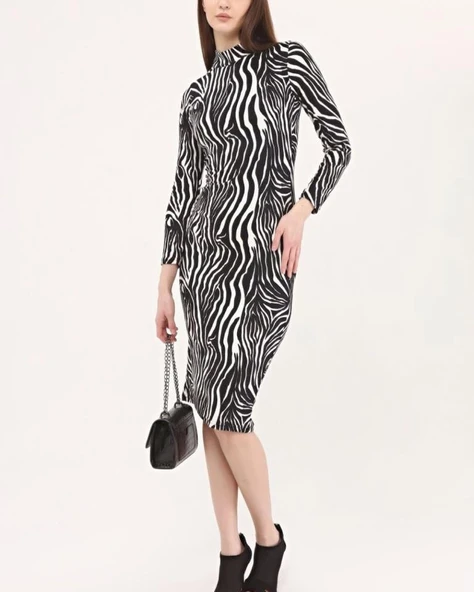 Kadın Zebra Desen Süet Kumaş Fırsat ürün Midi Boy Elbise - Resim 2