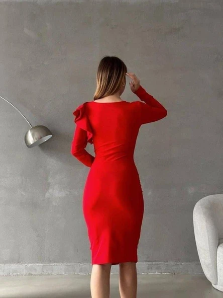 Kadın Kruvaze Yaka Volan Detay Midi Boy Fırsat ürün Elbise - Resim 3