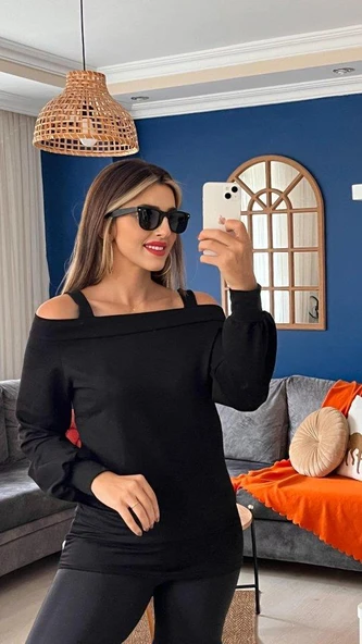 Kadın Askılı Iki Omuzu Açık Salaş Yün Viskon Bluz - Resim 2