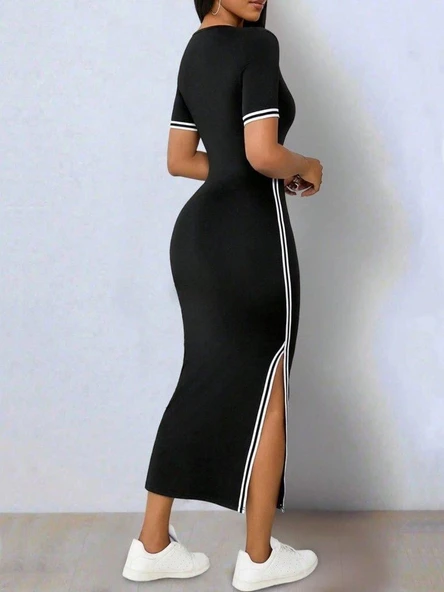 Kadın Kısa Kollu V Yakalı Yandan Yırtmaçlı Viskon Iki Iplik Elbise - Resim 5