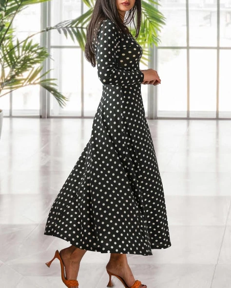 Kadın Krep Kumaş Uzun Kollu Tam Boy Puantiyeli Elbise 132 Cm - Resim 9