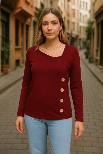 Kadın Uzun Kollu Geometrik Yaka Detay Yandan Düğmeli Viskon Iki Iplik Bluz ürün görseli