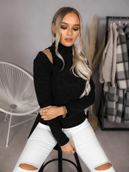 Kadın Uzun Kollu Yarım Balıkçı Yaka Omuzları Açık Bir Tarafı Yırtmaçlı Yumoş Bluz - Resim 3