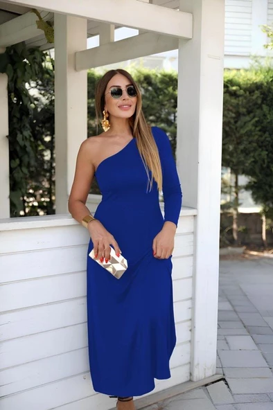 Kadın Uzun Kollu Tek Omuz Detay Krep Elbise ürün görseli