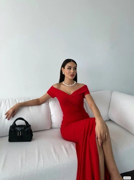 Kadın Dalgıç Kumaş Kayık Yaka Ve Dekolte Detaylı Elbise - Resim 2