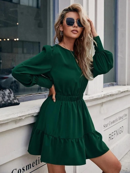 Kadın Uzun Kollu Bisiklet Yaka Beli Lastikli Fırfırlı Ithal Krep Elbise - Resim 6