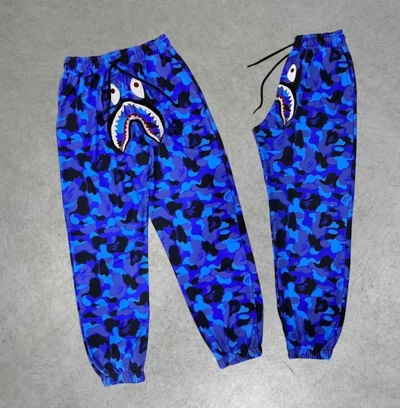 Erkek Bape Shark Dijital Baskılı Eşofman Altı - Mavi - 1