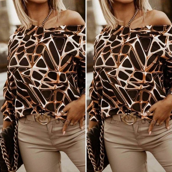 Kadın Uzun Kollu V Yaka Düşük Omuz Geometrik Desen şardonlu Dalgıç Bluz - Resim 3