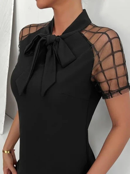 Kadın Kısa Kollu Boyundan Bağlamalı Omuzlarda Tül Detaylı Janjan Krep Elbise - Resim 2