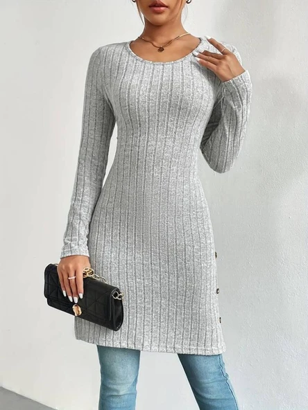 Kadın Uzun Kollu Yuvarlak Yaka Yandan Yırtmaçlı Düğmeli şardonlu Kaşkorse Bluz - Resim 3