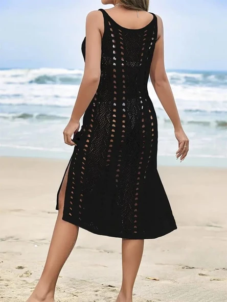 Kadın Kolsuz Askılı Yan Yırtmaç Detay Triko Midi Boy Elbise - Resim 2