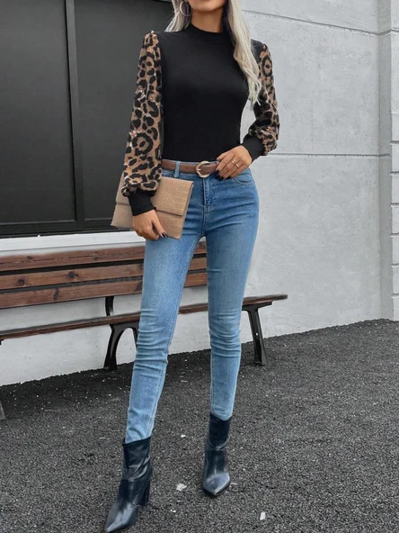 Kadın Uzun Kollu Yarı Balıkçı Yaka Leopar Detaylı Kaşkorse Bluz - Resim 6