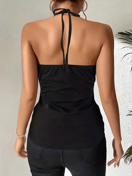 Kadın Askılı Kuş Gözü Ve Dekolte Detay Boyundan Bağlamalı Viskon Bluz - Resim 3