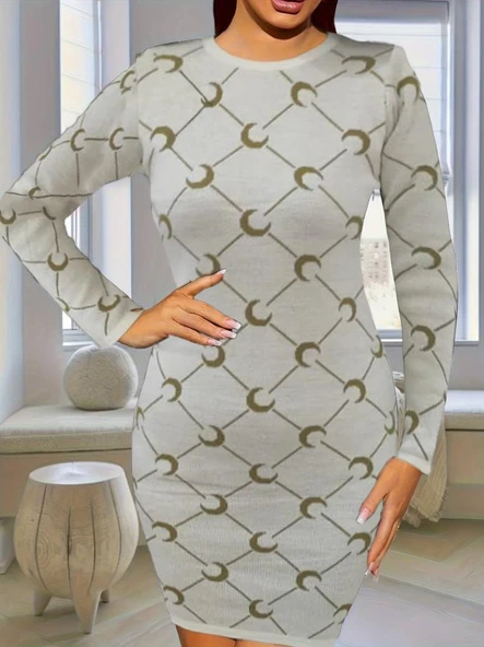 Kadın Bisiklet Yaka Uzun Kol Triko Mini Boy Elbise ürün görseli