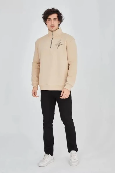 Erkek Yarım Fermuarlı Baskılı Sweat - Bej ürün görseli