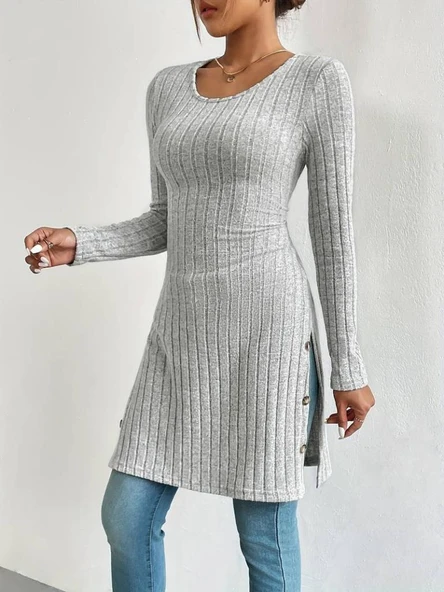 Kadın Uzun Kollu Yuvarlak Yaka Yandan Yırtmaçlı Düğmeli şardonlu Kaşkorse Bluz - Resim 7