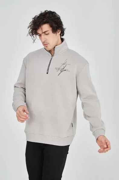 Erkek Yarım Fermuarlı Baskılı Sweat - Boyalı Gri - Resim 3