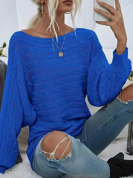 Kadın Uzun Kollu Yakası Açık Saç örgü Desenli Triko Bluz - Resim 3