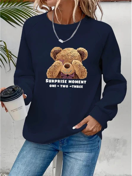 Kadın Uzun Kollu Bisiklet Yaka Ayıcık Desenli Viskon Iki Iplik Bluz ürün görseli