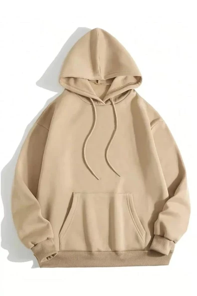 Erkek Düz Kapüşonlu Sweat - Bej - 1