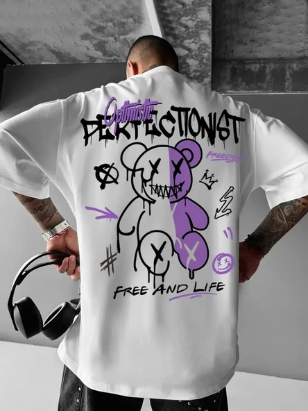 Baskılı Oversize Bisiklet Yaka T-shirt - Beyaz ürün görseli