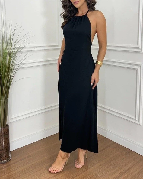 Kadın Boyundan Askılı Halter Kollu Viskon Elbise - Resim 2