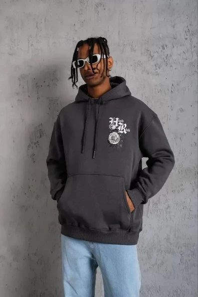 Erkek Baskılı Kapşonlu Sweat - Füme ürün görseli