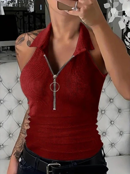 Kadın Kolsuz Polo Yaka önü Fermuarlı Kaşkorse Bluz ürün görseli