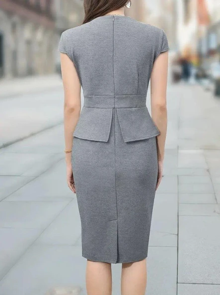 Kadın Kısa Kollu Kare Yakalı Ithal Krep Elbise - Resim 3