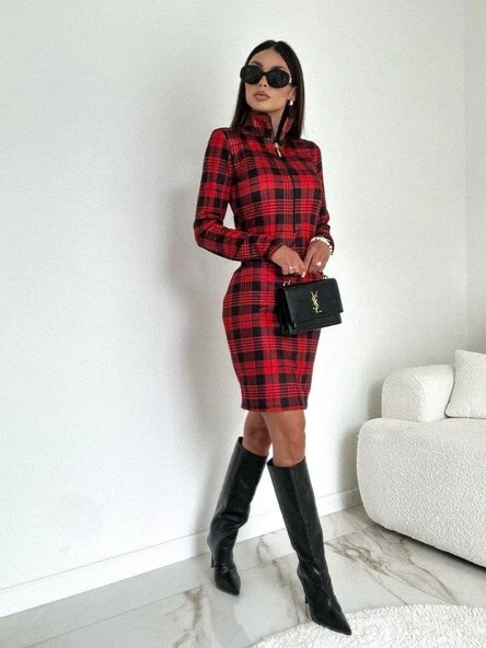 Kadın Uzun Kollu Fermuarlı Ekose Baskılı Dalgıç Elbise - Resim 9