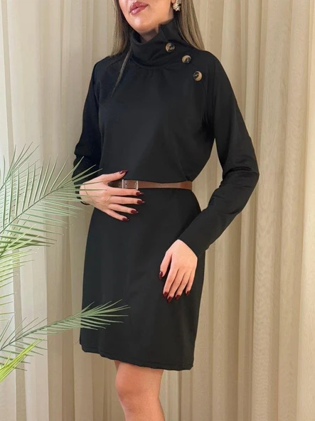 Kadın Uzun Kollu Balıkçı Yaka Düğme Detaylı Kısa şardonlu Dalgıç Elbise - Resim 2