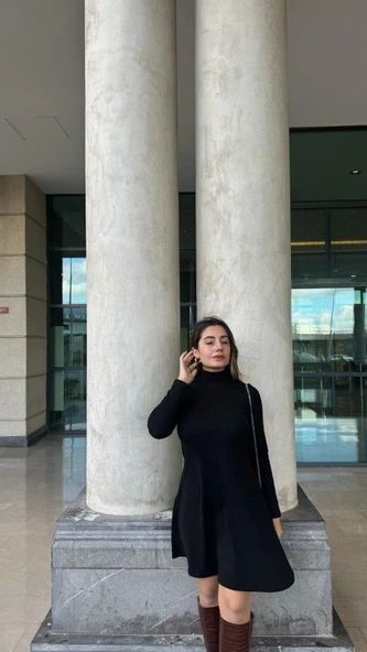 Kadın Uzun Kollu Balıkçı Yaka Salaş Kusa Akrilik Elbise - Resim 5