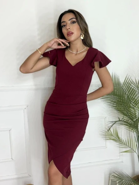 QKadın Kısa Kollu Kalp Yaka Yanlardan Büzgü Detay Midi Janjan Krep Elbise - Resim 3