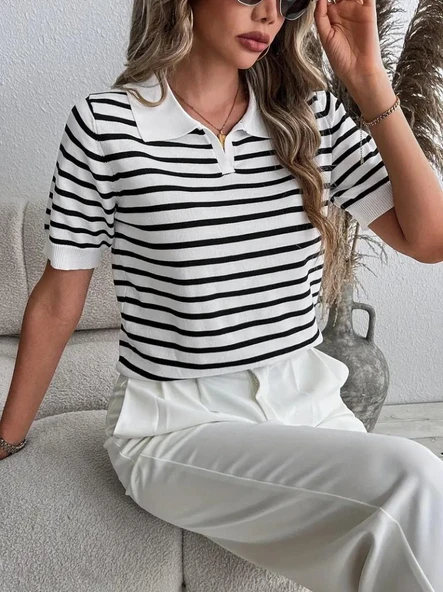 Kadın Kısa Kol Polo Yaka çizgi Desen Triko Bluz - Resim 2
