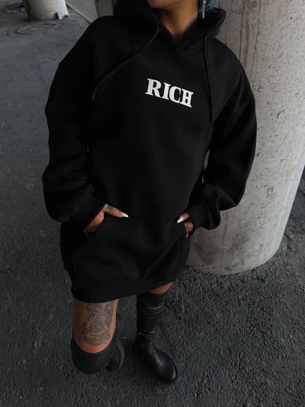 Uzun Kol Kapşonlu Göğüs Baskılı SweatShirt - Siyah ürün görseli