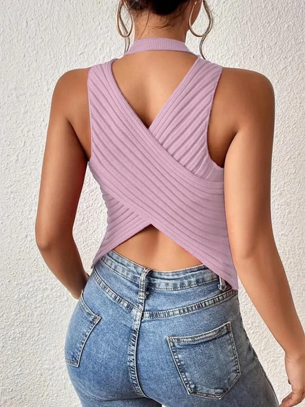 Kadın Kolsuz Sırt çapraz Detay Triko Bluz - Resim 2