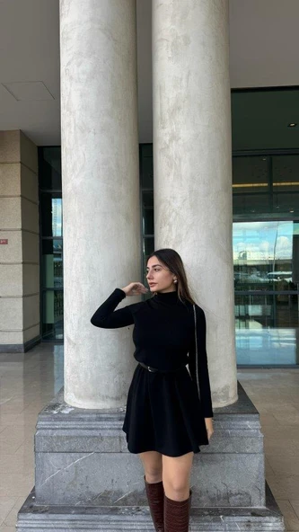 Kadın Uzun Kollu Balıkçı Yaka Salaş Kusa Akrilik Elbise - Resim 2