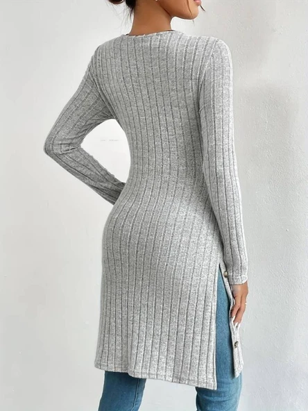 Kadın Uzun Kollu Yuvarlak Yaka Yandan Yırtmaçlı Düğmeli şardonlu Kaşkorse Bluz - Resim 6