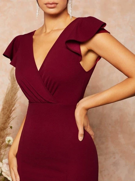 Kadın Kısa Kelebek Kollu Kruvaze Yaka Ithal Krep Midi Elbise - Resim 5