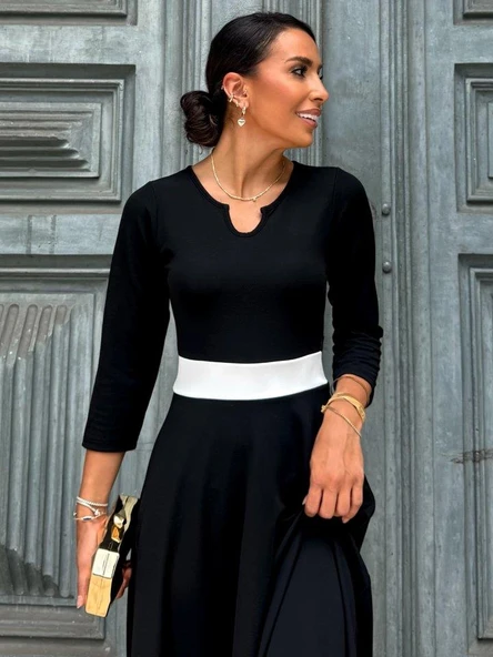 Kadın Truvakarkol Yakası Açık Blok Renkli Krep Midi Elbise - Resim 5