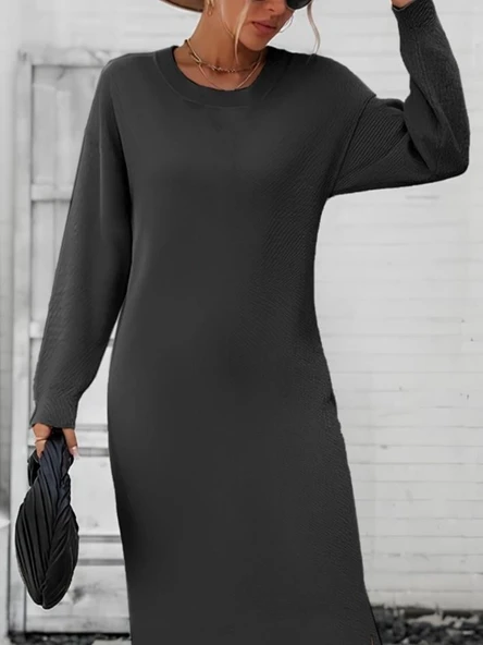 Kadın Uzun Kollu Bisiklet Yaka Yırtmaç Detay Triko Midi Boy Elbise - Resim 2