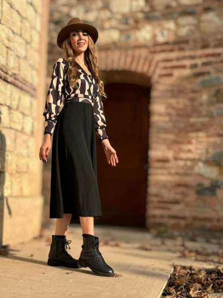 Kadın Uzun Kollu Kruvaze Yaka Dalgıç Krep Midi Boy Elbise ürün görseli