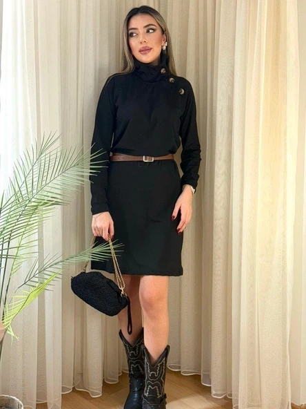 Kadın Uzun Kollu Balıkçı Yaka Düğme Detaylı Kısa şardonlu Dalgıç Elbise ürün görseli