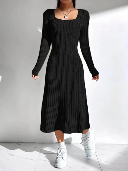 Kadın Uzun Kollu Kare Yakalı Midi şardonlu Kaşkorse Elbise - Resim 2